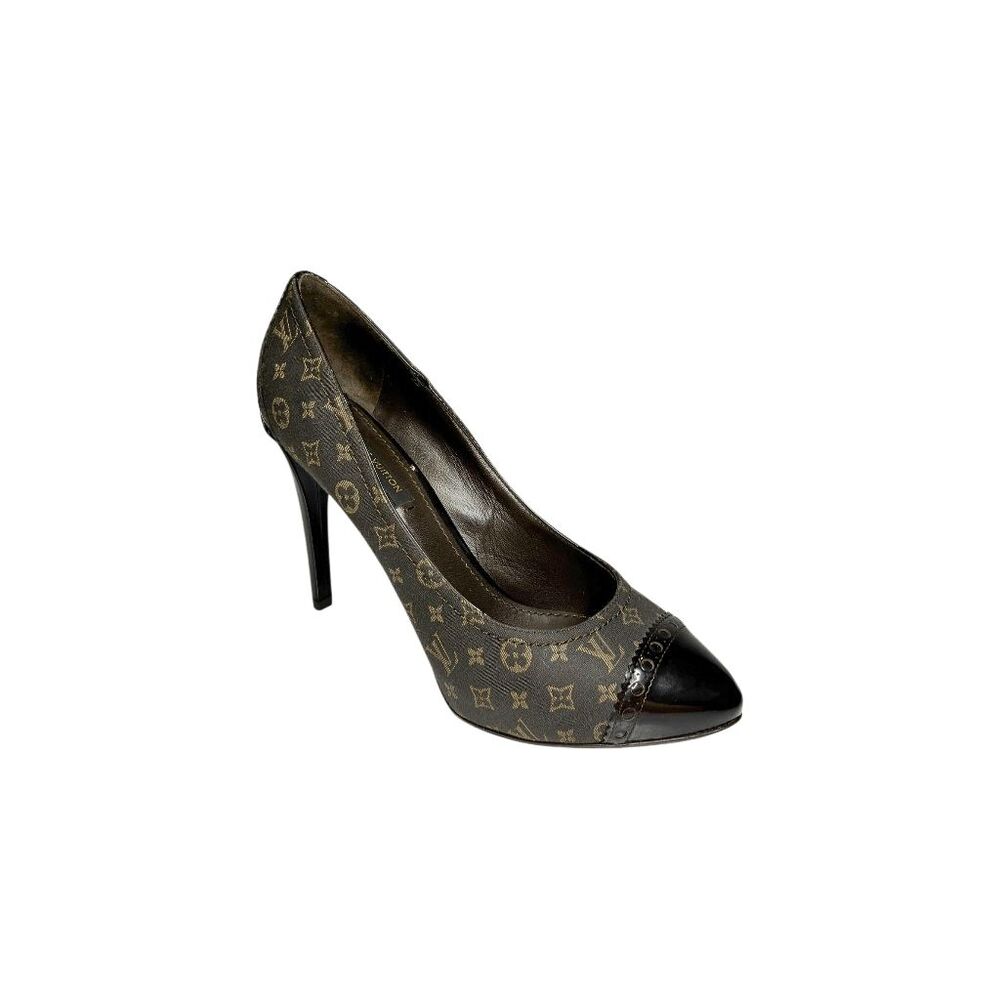 Louis Vuitton Mini Lin Monogram Canvas Pumps EU 37 Brown Patent Cap Toe Heels